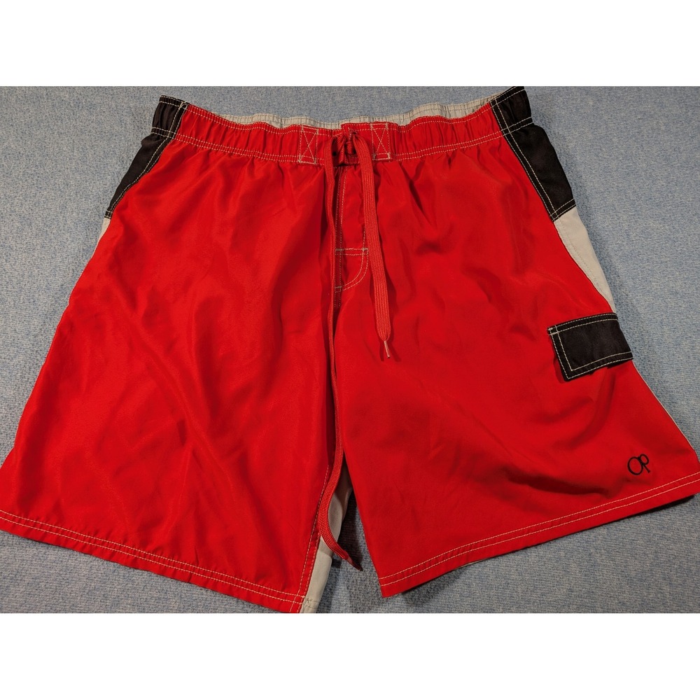 Ocean Pacific OP Mens Swim Trunks Red Black Grey Colorblock Board Shorts Large